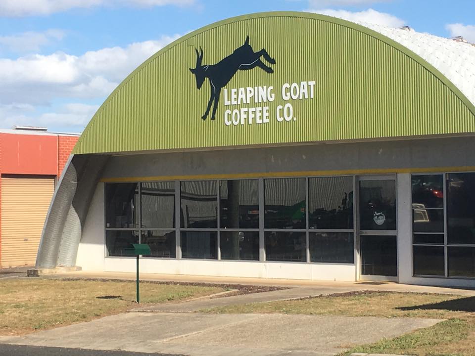 Cut-out logo and lettering shopfront sign for Leaping Goat Coffee Co.