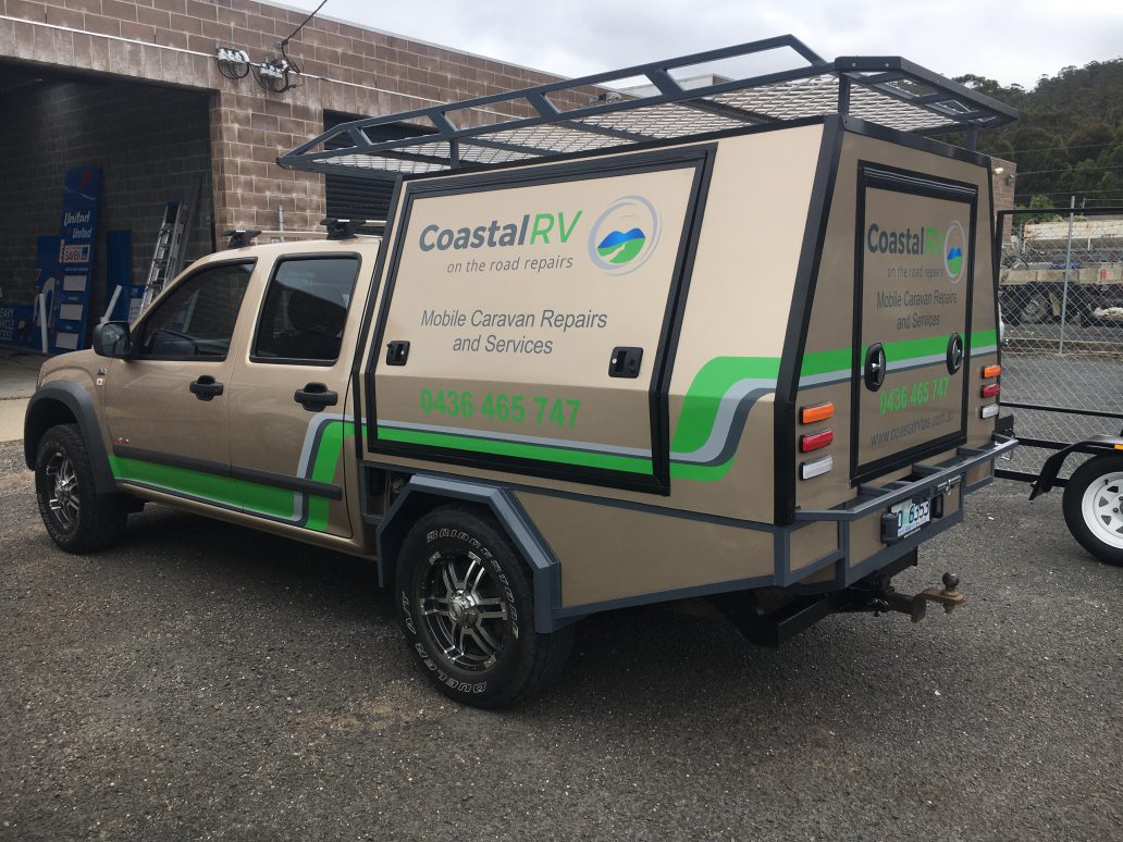 Full vehicle wrap on a Coastal RV mobile caravan repairs ute and canopy